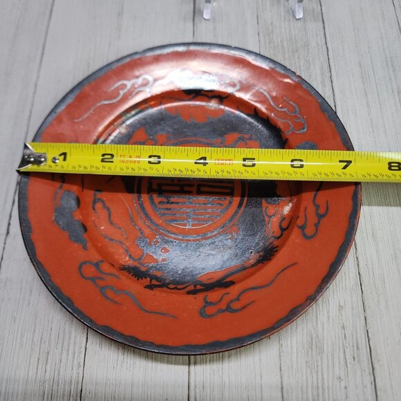 Vintage Antique Chinese Rare Red Coral Porcelain 7in Plate Silver Black Dragon - Picture 10 of 10